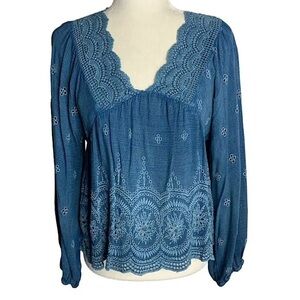 NWT Rachel Zoe Embroidered Peasant Top Blue Balloon Sleeve V Neck Eyelet Rayon S